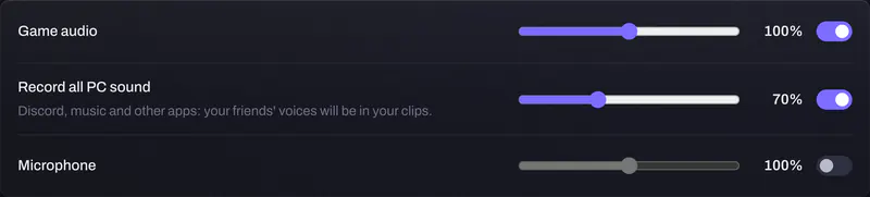 Settings, Audio: game audio at 100%, Record all PC sound on at 70%, microphone off