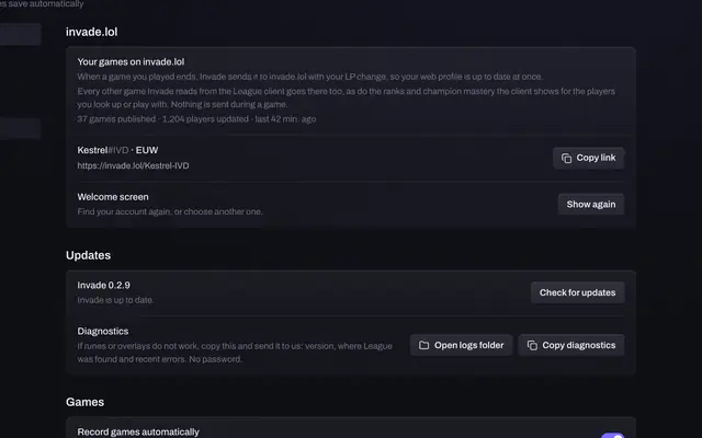 Settings, invade.lol: your games are published to your profile
