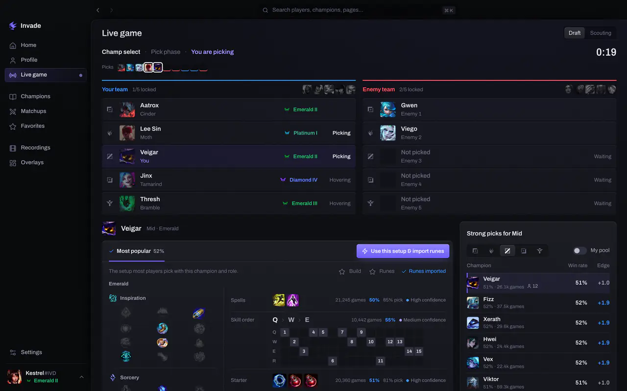 The Live tab in champ select: both teams with ranks, Veigar’s build choices and the strongest picks for mid