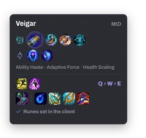 Runes & build for Veigar mid: the rune page, spells, skill order and items, with “Runes set in the client”