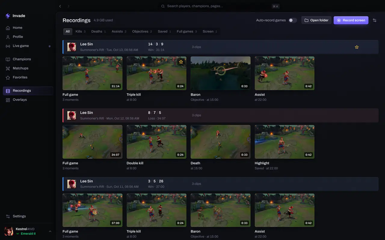Recordings: each game with its full recording and its clips, triple kill, Baron, assist, death, highlight